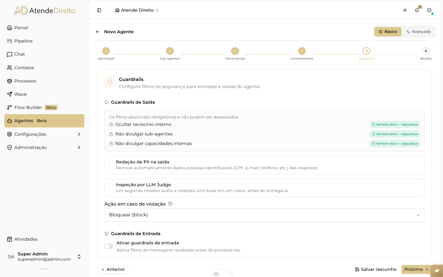 CAPTURAR: seção 'Validadores de Input' com exemplos de regras configuradas e seus respectivos comportamentos (bloquear, alertar, substituir)