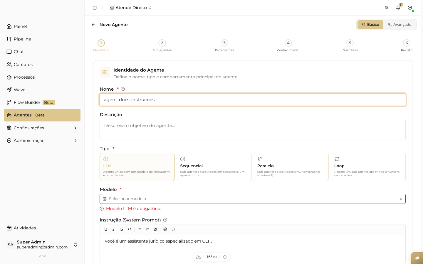 CAPTURAR: tela de configuração do Agent aberta na aba 'Instruções e Modelo' com todos os campos visíveis