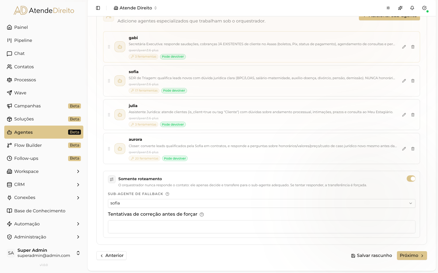 Somente roteamento ligado na aba Sub-agentes, com o sub-agente de fallback escolhido.