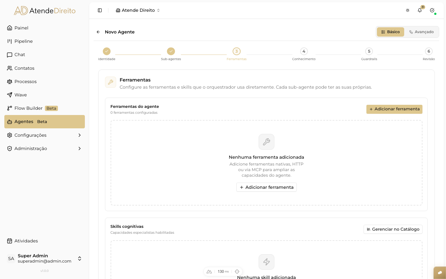 CAPTURAR: tela de configuração do Agent na aba 'Ferramentas' com os quatro tipos de ferramenta (MCP, Skills, Function Tools, Builtins) visíveis