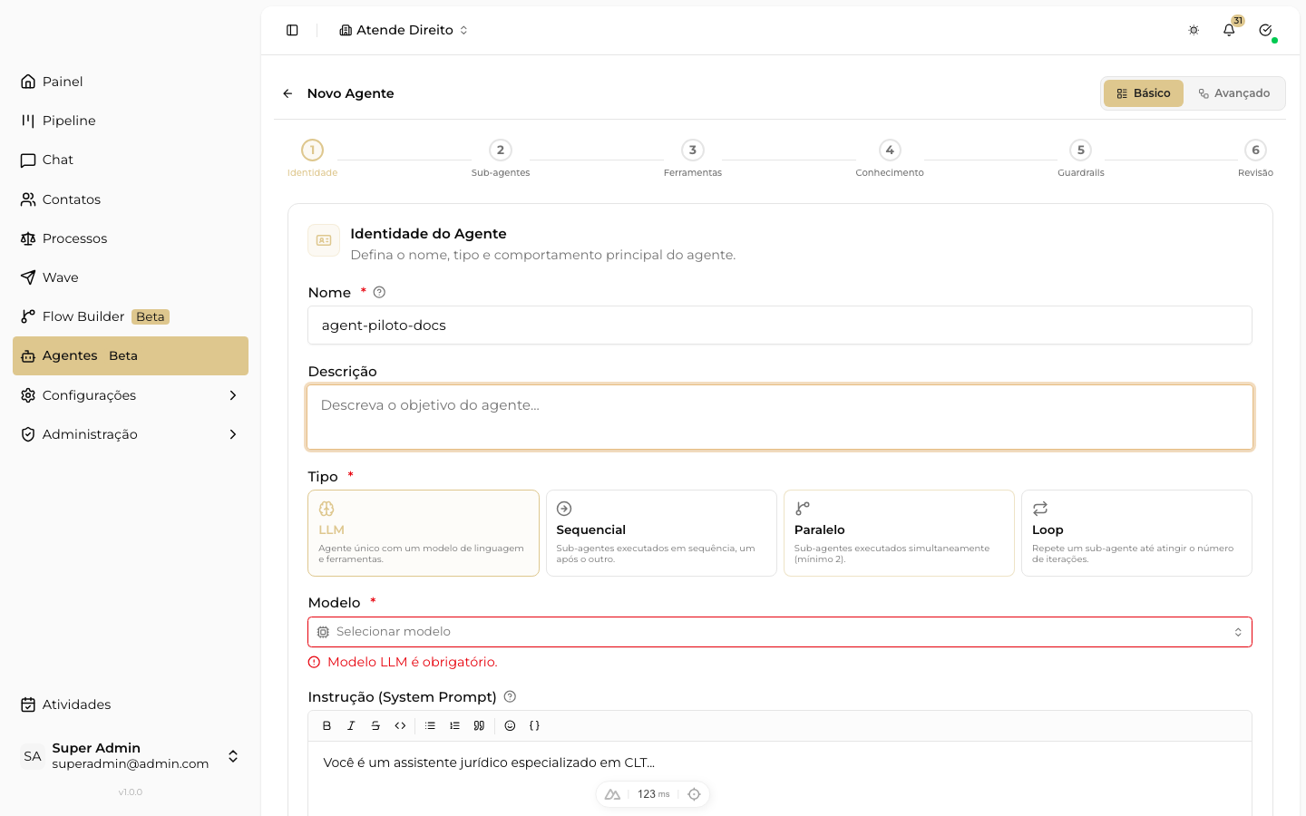 CAPTURAR: seção 'Modelo' com o seletor de provedor, modelo e os sliders de temperatura e max_tokens