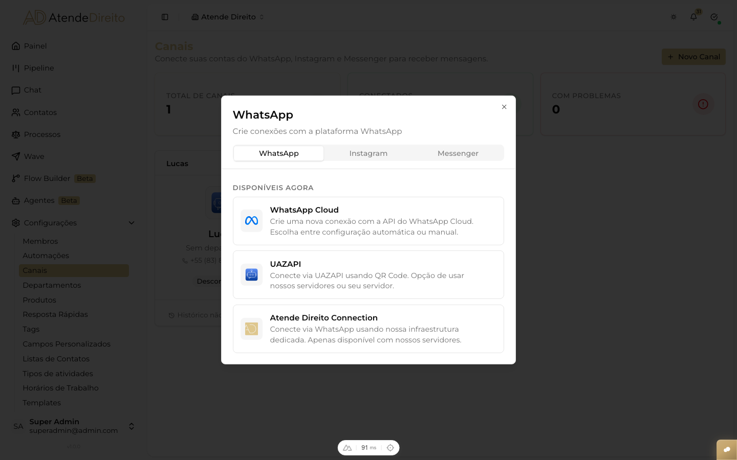 CAPTURAR: tela de configurações do fluxo com o canal WhatsApp aparecendo como 'Conectado' com um indicador verde