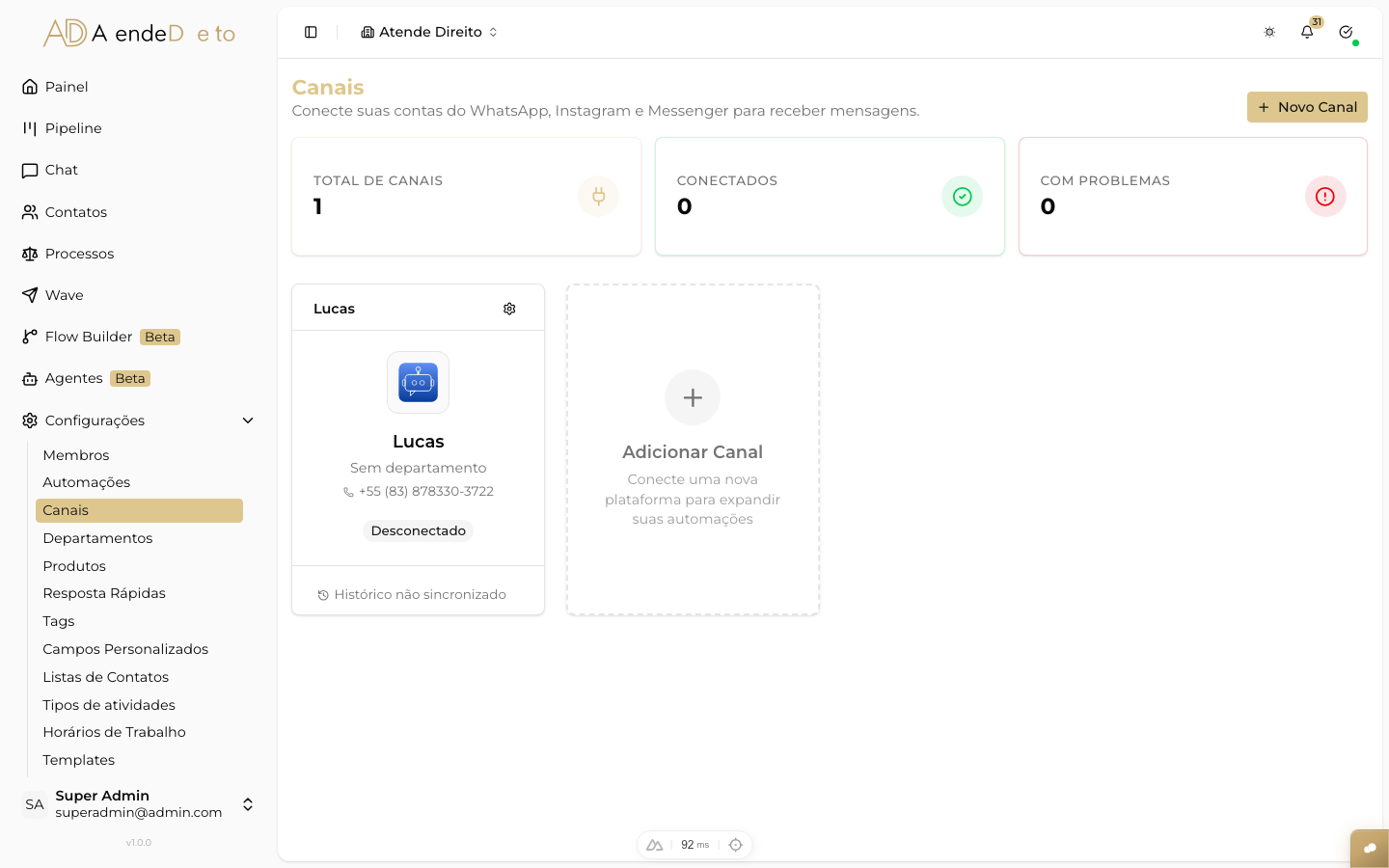 CAPTURAR: painel de configurações do fluxo com a seção 'Canais Conectados' visível