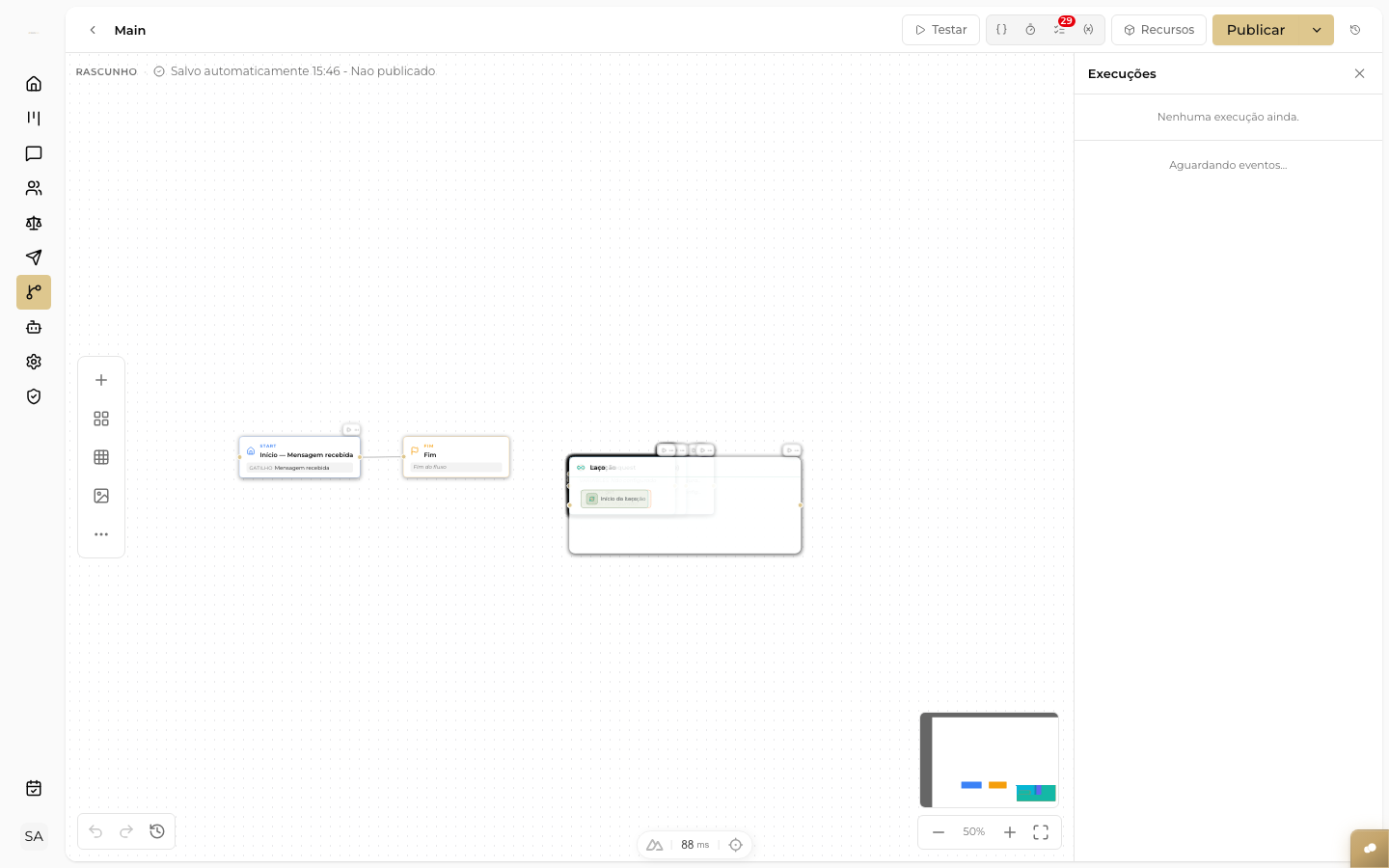 CAPTURAR: visão geral do canvas com painel lateral de nós, mini-mapa e barra superior de ações