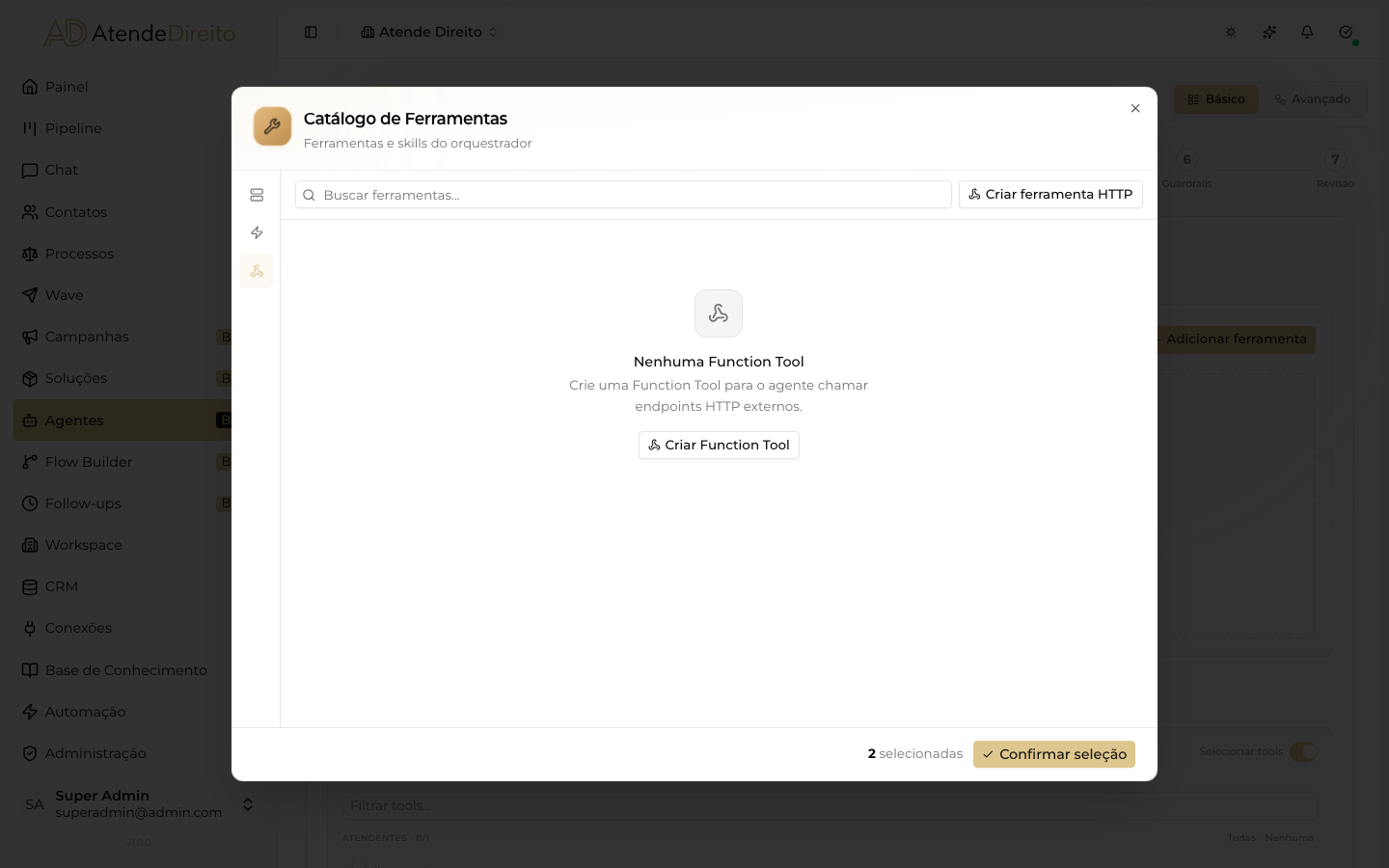 Aba Custom HTTP do Catálogo de Ferramentas, ainda sem Function Tools, com os botões Criar ferramenta HTTP e Criar Function Tool.