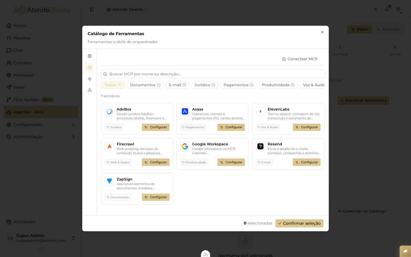 CAPTURAR: Tela do catálogo MCP mostrando os cards de cada integração (Asaas, ElevenLabs, Firecrawl, Resend, ZapSign, Google Workspace, AdvBox) com logo, categoria e botão 'Adicionar'