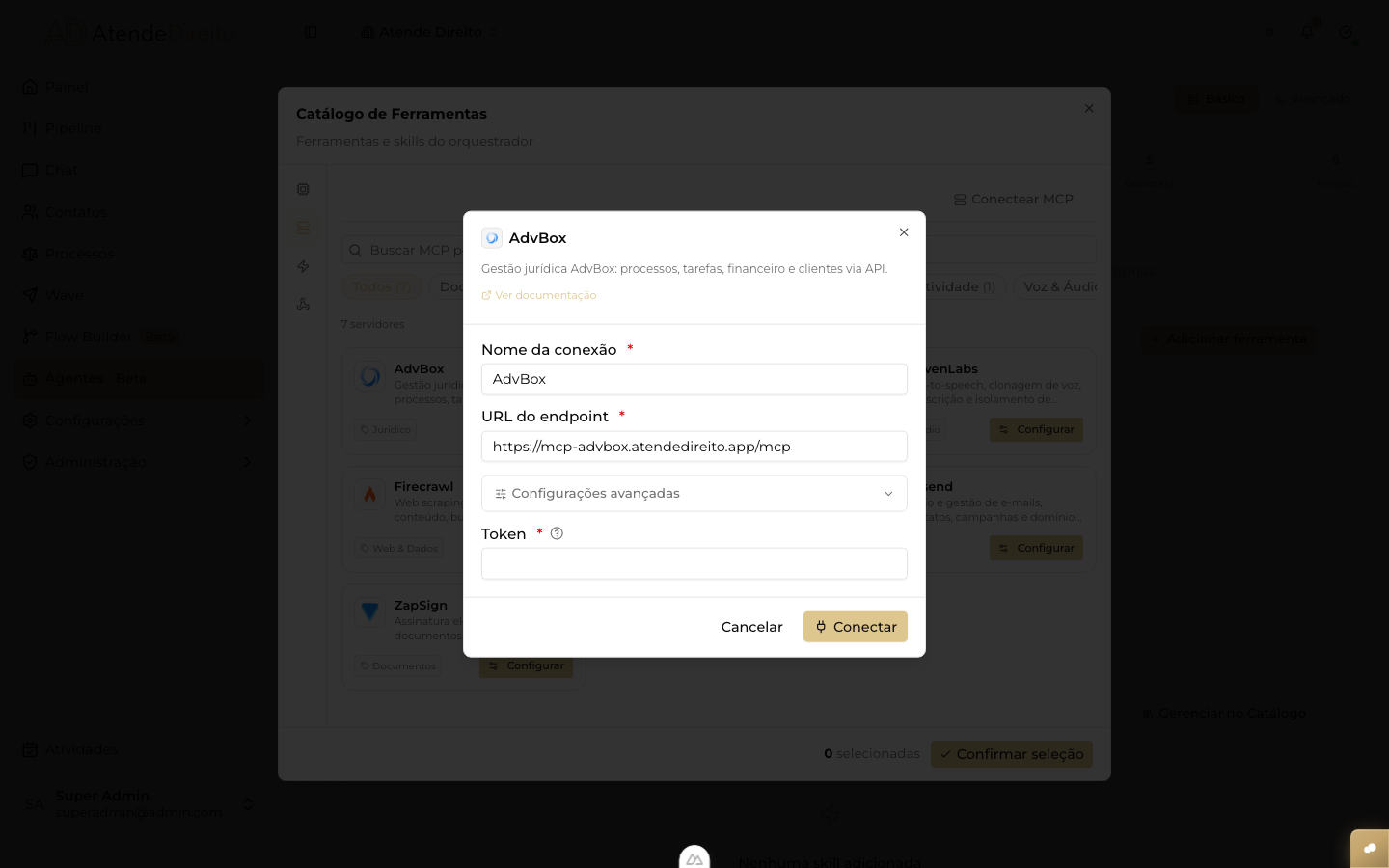 Dialog de instalação do servidor MCP mostrando status de conexão e seleção de ferramentas disponíveis