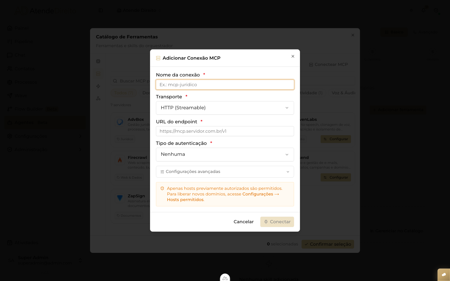 Dialog de criação de novo servidor MCP customizado com campos de URL, headers e credenciais