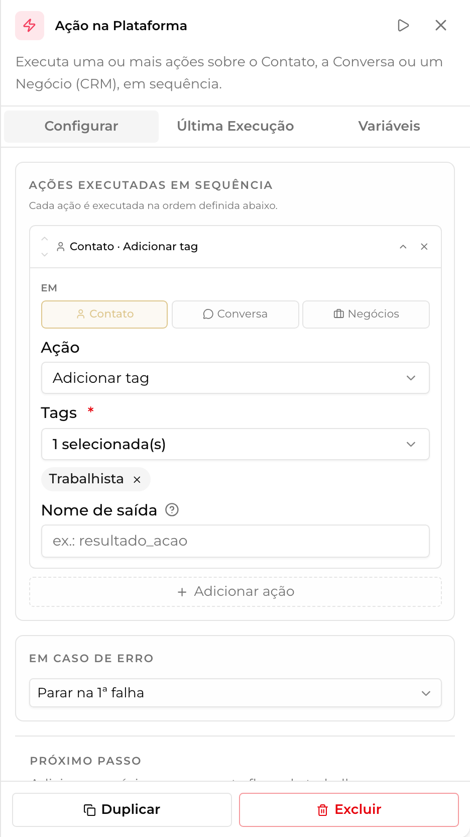 Painel do nó configurado com a operação Contato · Adicionar tag, com a tag 'Trabalhista' selecionada