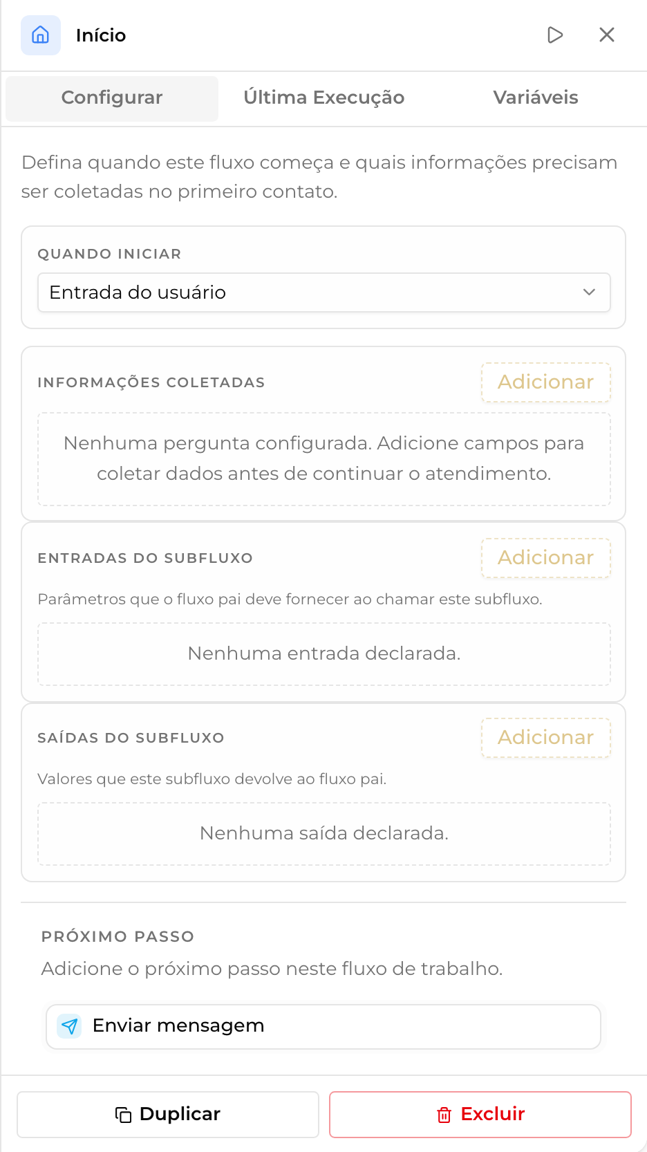 Painel de configuração do Início, com os campos Quando iniciar, Informações coletadas e Entradas/Saídas de subfluxo