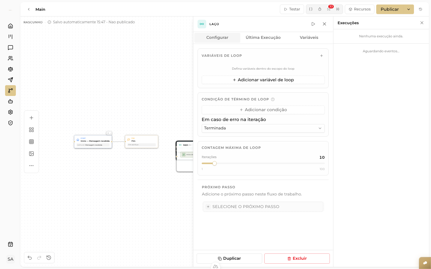 CAPTURAR: painel de configuração do nó Esperar Clique em Botão
