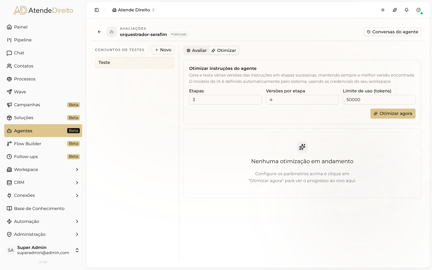 Aba Otimizar das Avaliações, com Etapas, Versões por etapa, Limite de uso e o botão Otimizar agora.