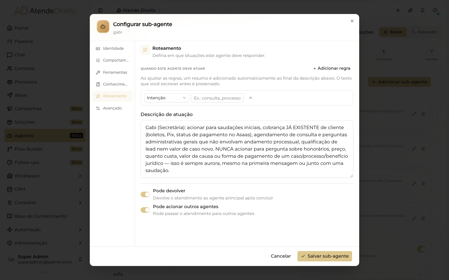 Aba Roteamento do sub-agent, com as regras de quando atuar, a descrição de atuação e os interruptores de devolução.